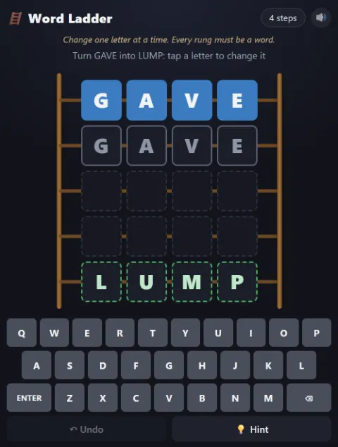 GAVE → LUMP in 4 steps
